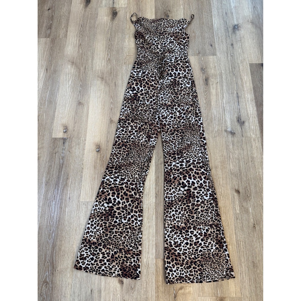 PrettyLittleThing Y2K Leopard Print Jumpsuit Women Size 2 Brown Wide Leg Flare